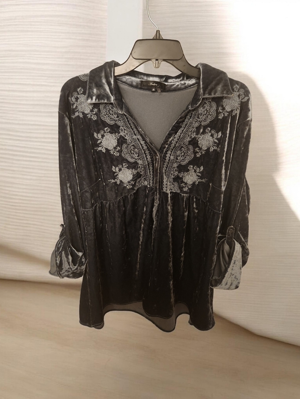 Women's Crushed Blue Velvet Embroidered V-Neck Blouse / Tunic